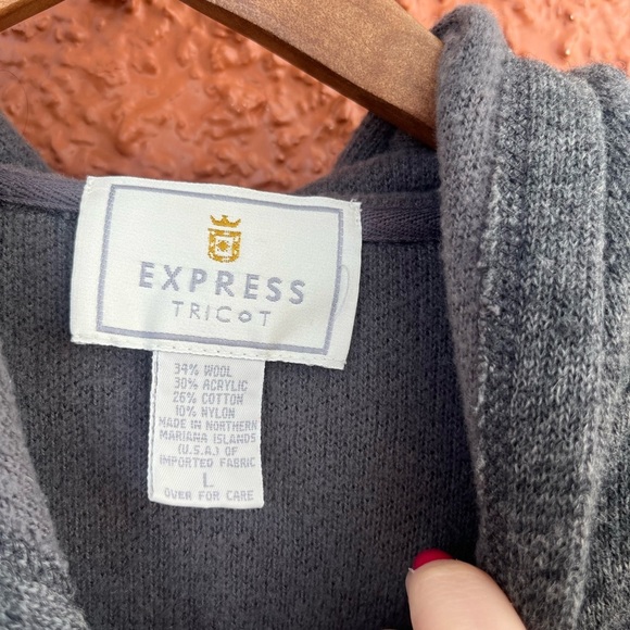 EXPRESS TRICOT - Grey Long Sleeve Hooded Zip-Up Wool Blend Sweater Size Large - Picture 2 of 6